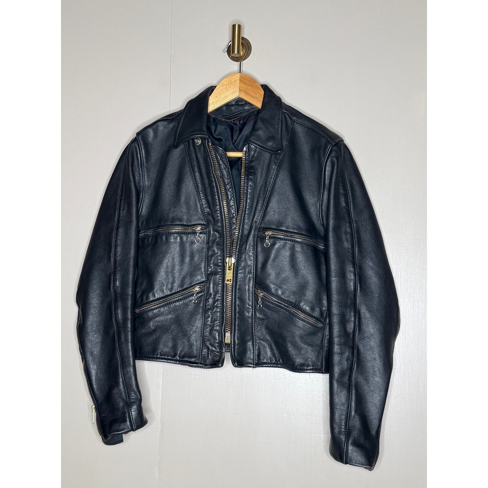 Schott-style heavyweight leather moto jacket single‎ rider black vintage
